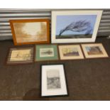 Large selection of framed prints includes framed signed drawing and a framed art piece largest