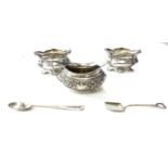Pair of continental silver salts with original glass liners and small silver cream jug, Birmingham