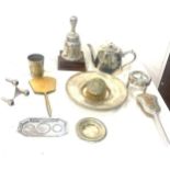 Selection of Silver plated items includes brush, tea pot etc