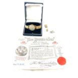 Gents 9ct gold Thos Russell & Son wristwatch, with original warranty certificate, working order,