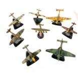 Selection of metal aircraft models on stand includes Avvo lancaster, Messer schmitt bf110g,