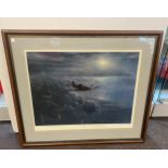 Large Hunter Moon spitfire print by Gerald Coulson, signed, measures approx 31inches by 36 inches
