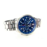 Gents cased Sekonda Tachymeter wristwatch, blue dial and metal strap