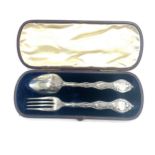 Cased Antique silver christening fork and spoon set