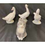 Set of 3 Nao geese figures and a Royal Copenhagen cat