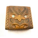 Carved New Zealand Maori box with Tiki lid and Paua shell eyes