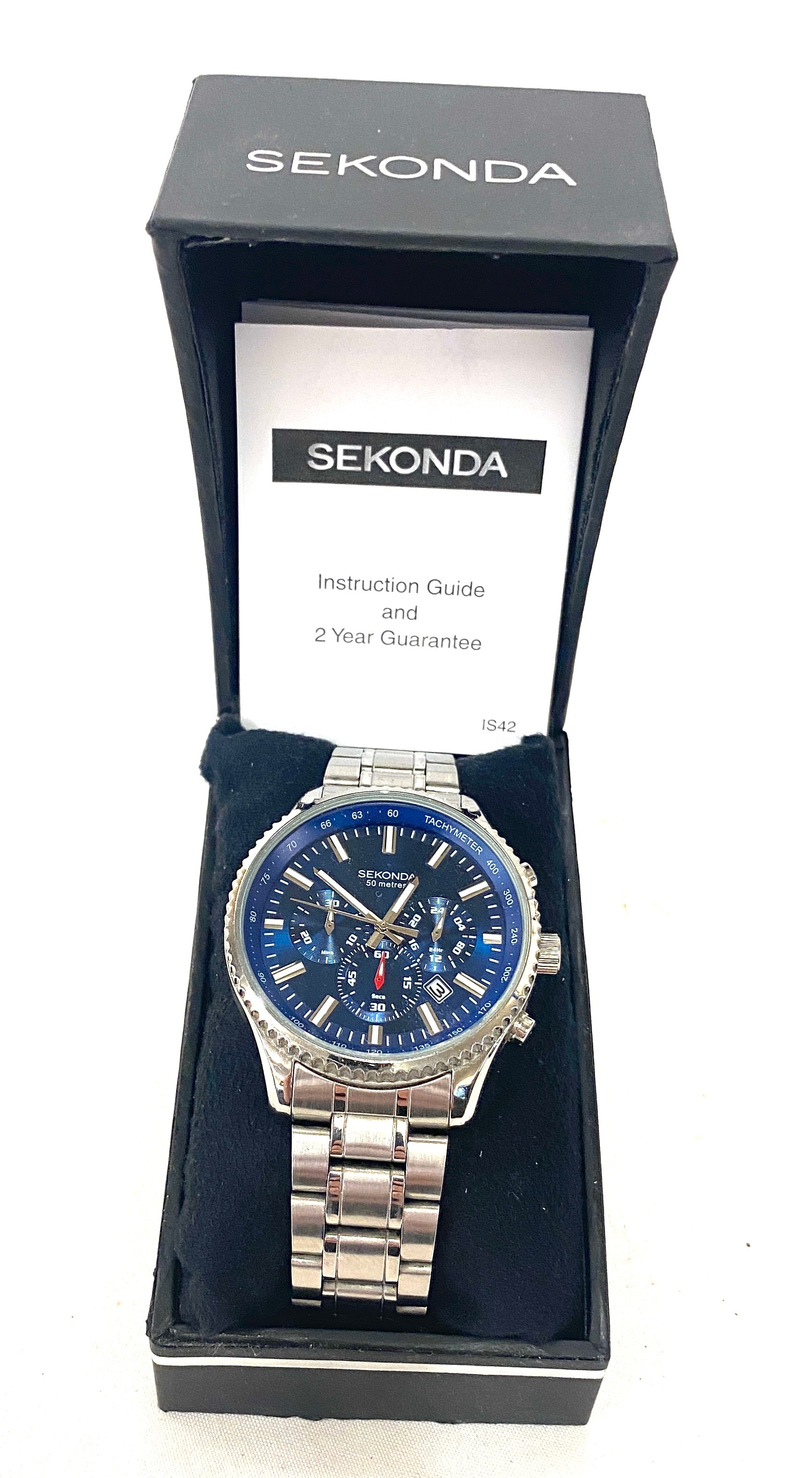 Gents cased Sekonda Tachymeter wristwatch, blue dial and metal strap - Image 2 of 4