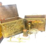 Brass box, magazine rack and a selection of brass
