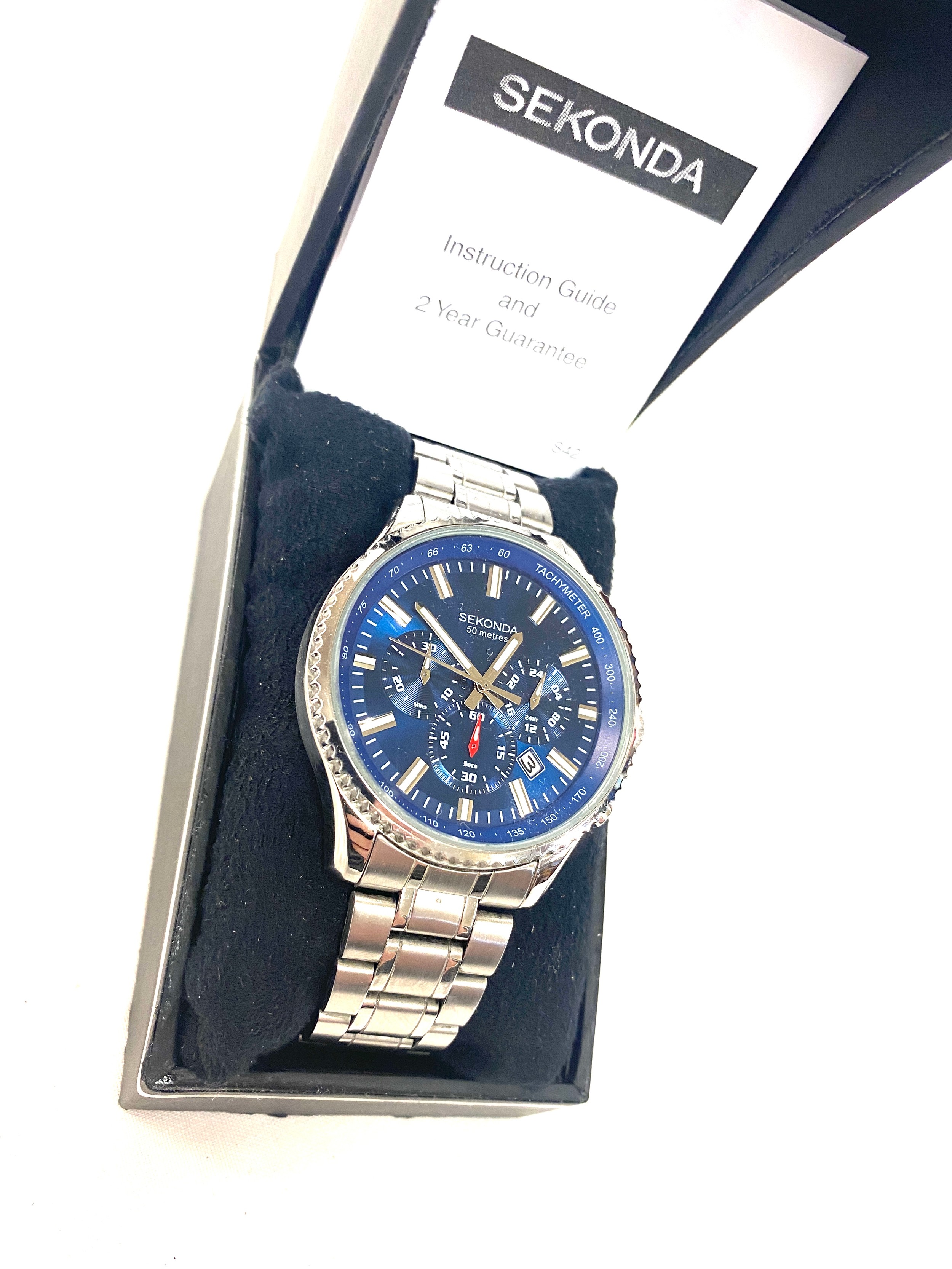 Gents cased Sekonda Tachymeter wristwatch, blue dial and metal strap - Image 3 of 4