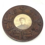 Antique aesthetic movement carved oak photo frame, approximate diameter 18cm