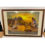 Framed Painting signed by Tang Ping measures approx 32inches wide 22 inches tall