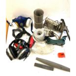 Box of miscellaneous to include: inspection lamp, welding and safety goggles, fumes mask, roll of