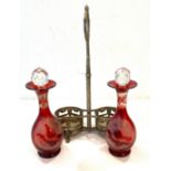 Stand with 2 etched glass ruby vinegar bottles