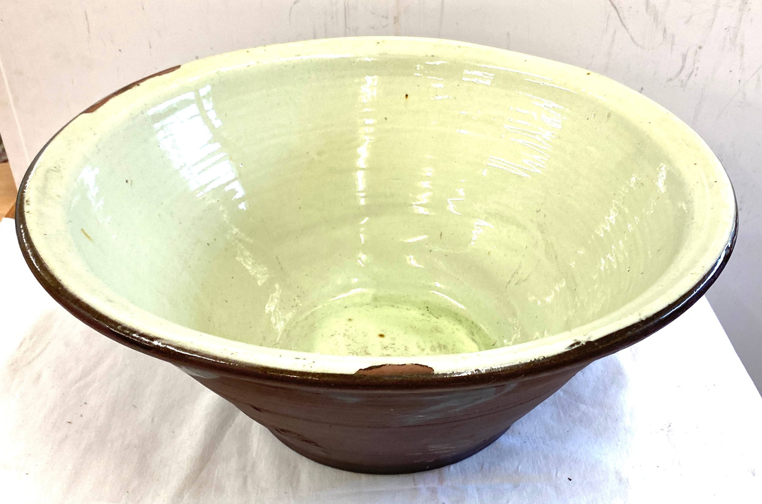 19th century dairy bowl measures approx 8 inches tall 18 inches diameter