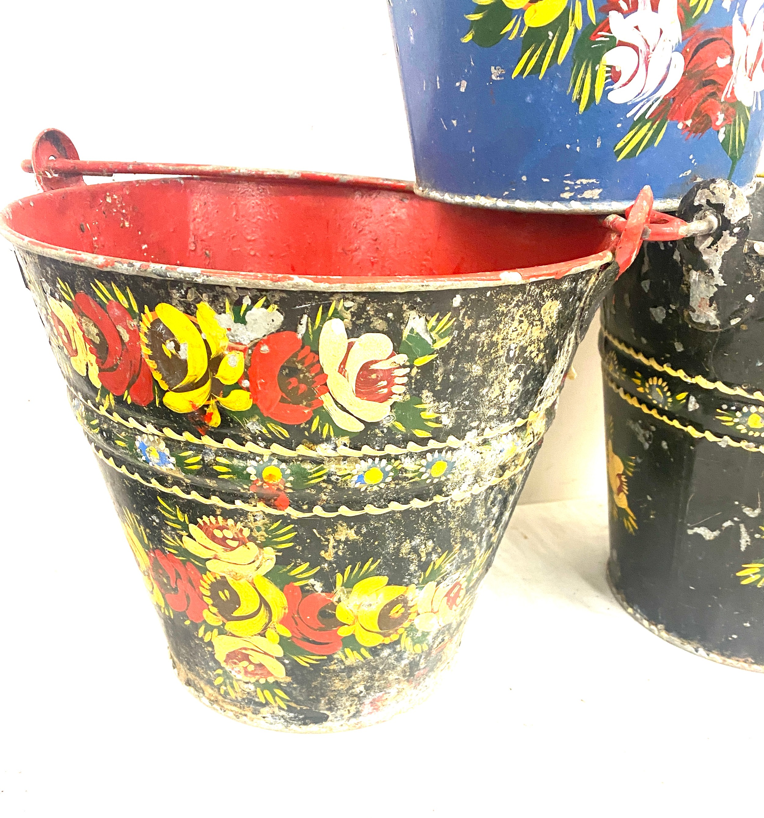 3 painted galvanished decorative buckets / bargeware - Image 3 of 7