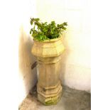 Vintage concrete hexagonal chimney garden planter with plant, height approx 37 inches tall