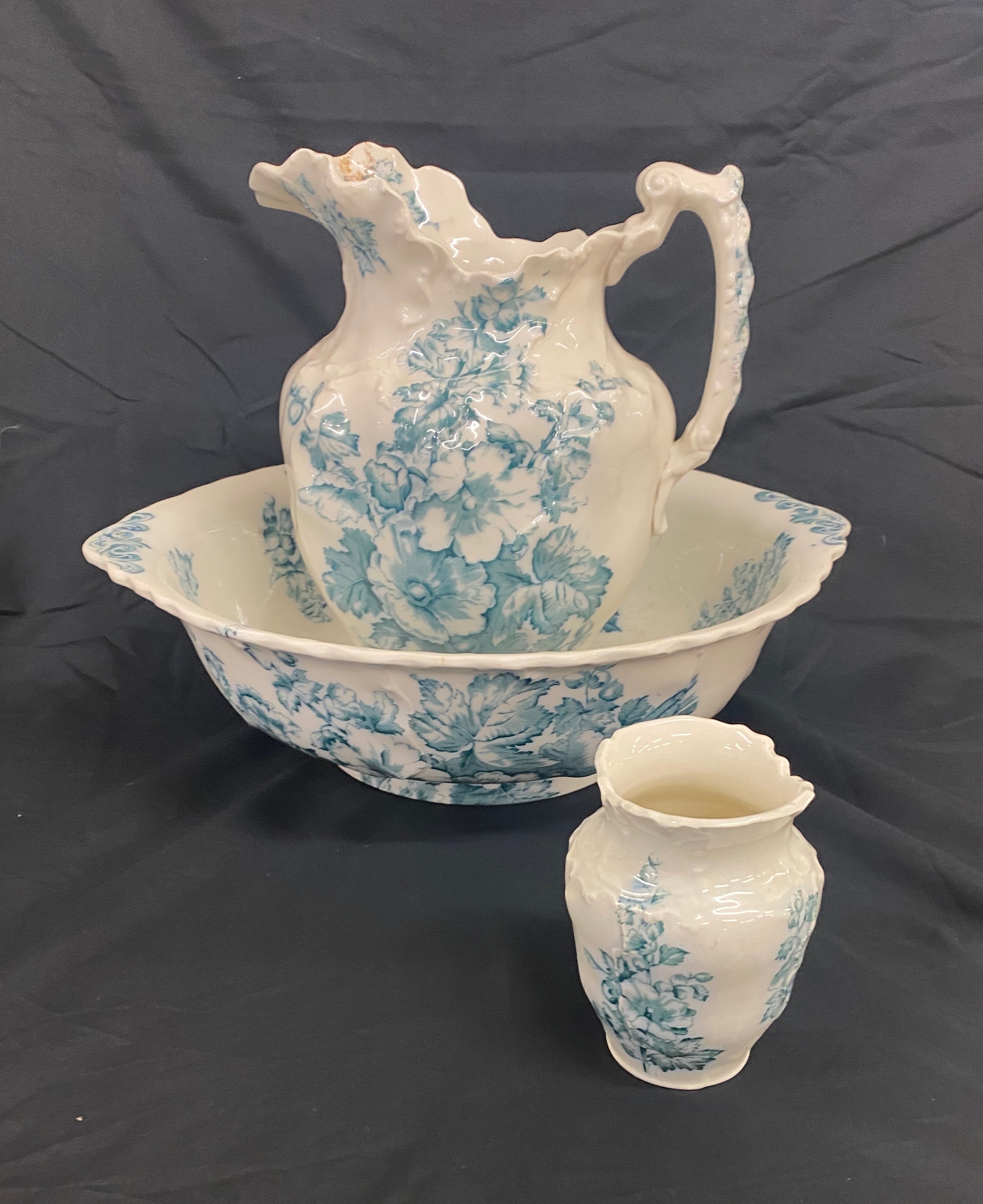 Decorative vintage blue and white jug and bowl