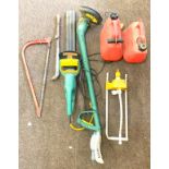 Large selection of garden items to include brass garden spray, strimmer, hedge trimmer, pruning