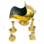 Selection of brassware to include Helmet coal skuttle and candlesticks