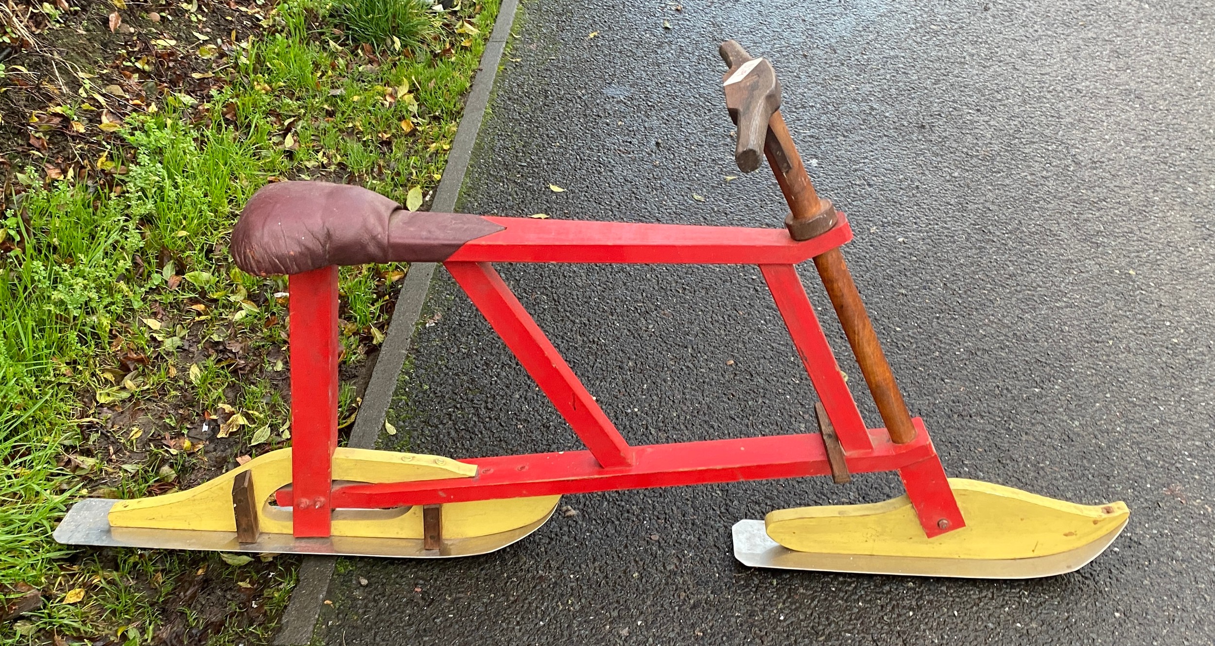 Vintage wooden ski bike 57 inches long and 27 inches high