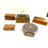 Large selection of assorted vintage wooden boxes, includes stamp box, cigarette boxes, souvenir