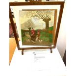 Hunting scene embroidery in stand with providence of 1924 measures approx height 28.5 inches by 22.5