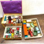Large selection of vintage dye cast cars includes Dinky, Corgi, Chitty chitty bang bang, match box