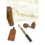 Selection of leather bound map holders, drink holders, Military tape measure etc