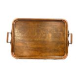 Vintage oak and copper serving tray measures approx 24 inches wide 16 inches depth