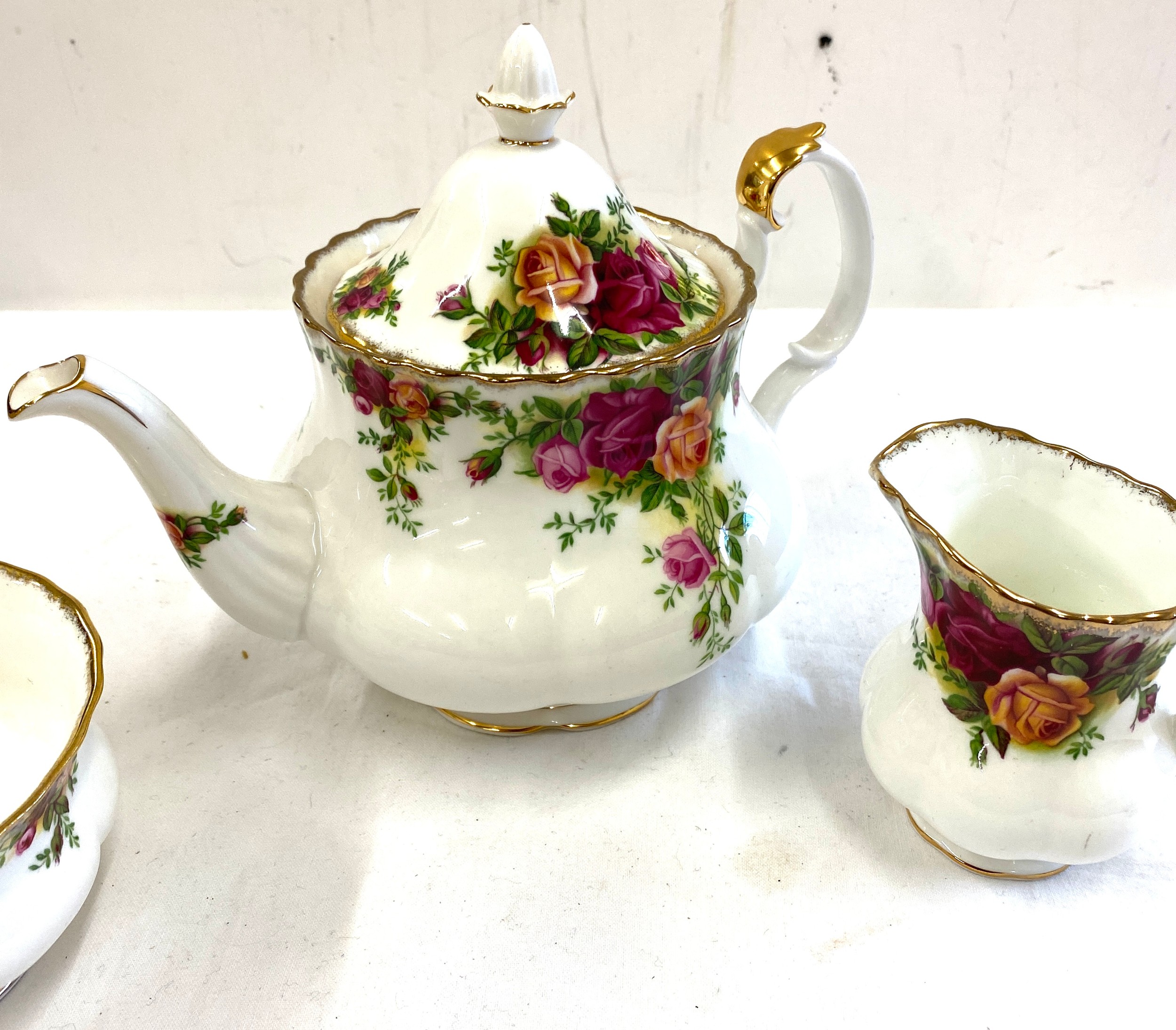 Royal Albert Old country rose teapot, jug and sugar bowl overall good condition small chip on tea - Image 4 of 4