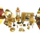 Large selection of brassware to include mirrors, kettle on stand, lantern etc
