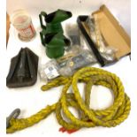 Box of miscellaneous to include: tow rope, folding shovel, oil jugs, nuts and bolts etc