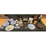 Selection of assorted pottery to include blue and white pieces, wooden bowl of fruit etc