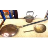 Copper warming pan, copper kettle, chesnut roaster etc