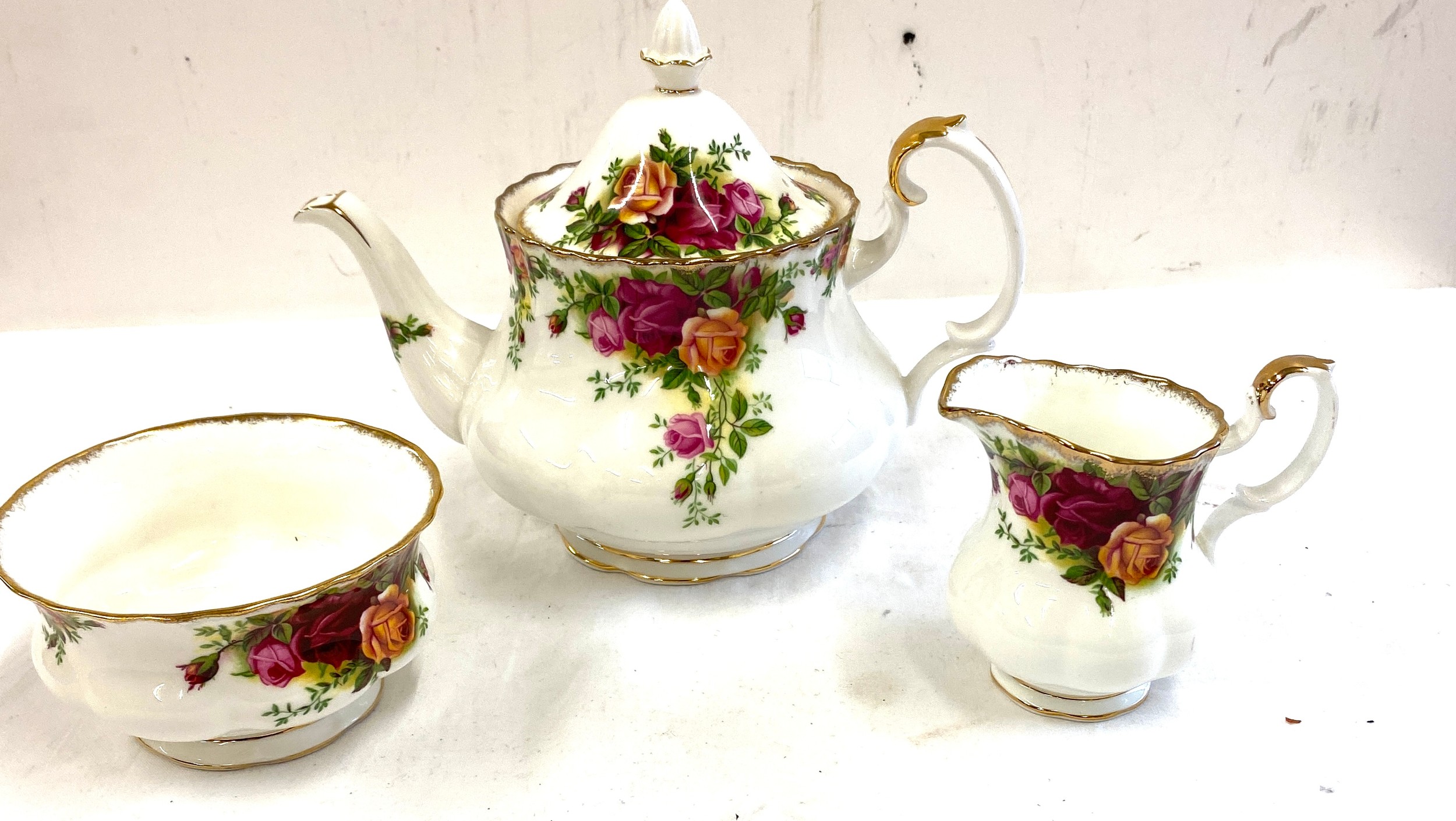 Royal Albert Old country rose teapot, jug and sugar bowl overall good condition small chip on tea