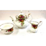 Royal Albert Old country rose teapot, jug and sugar bowl overall good condition small chip on tea