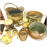 Selection of brass and copper to include tea pots, coal scuttle etc