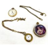 Open faced pocket watch working order yellow metal unmarked, with a ladies half hunter pocket