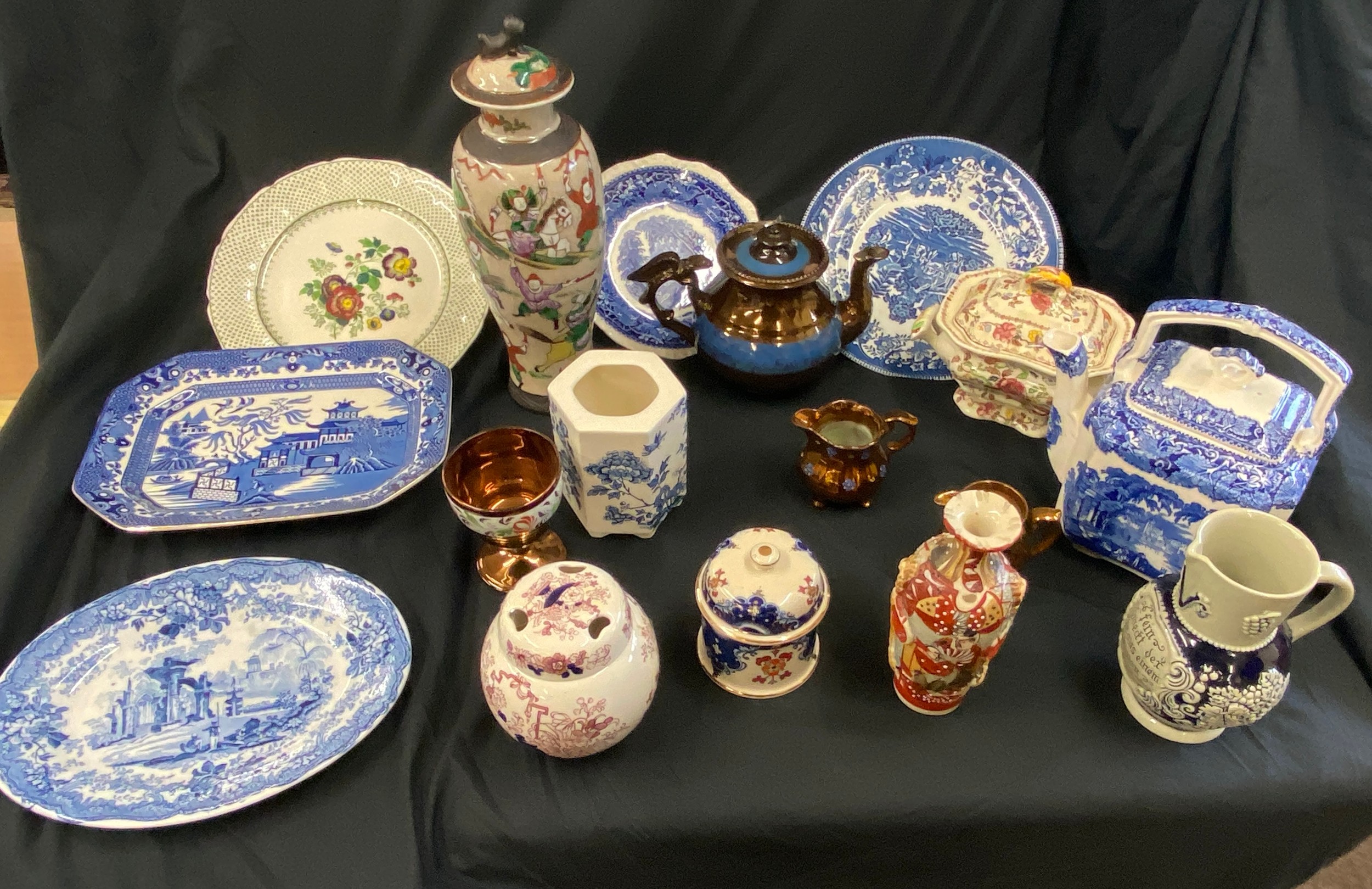 Large selection of miscellaneous pottery includes Lidded vase, Masons etc