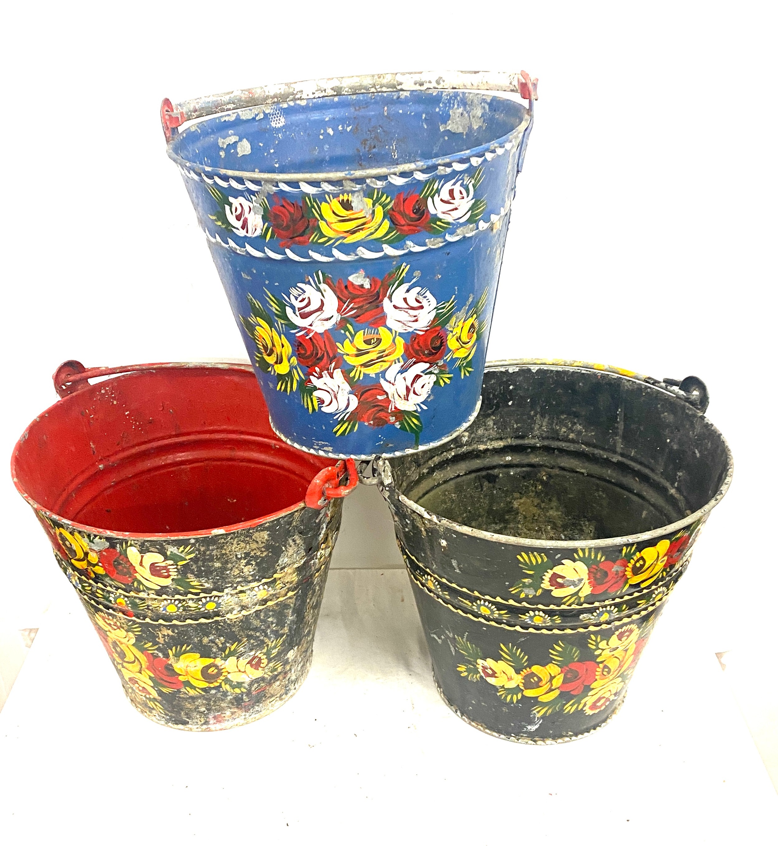 3 painted galvanished decorative buckets / bargeware