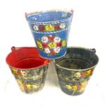 3 painted galvanished decorative buckets / bargeware