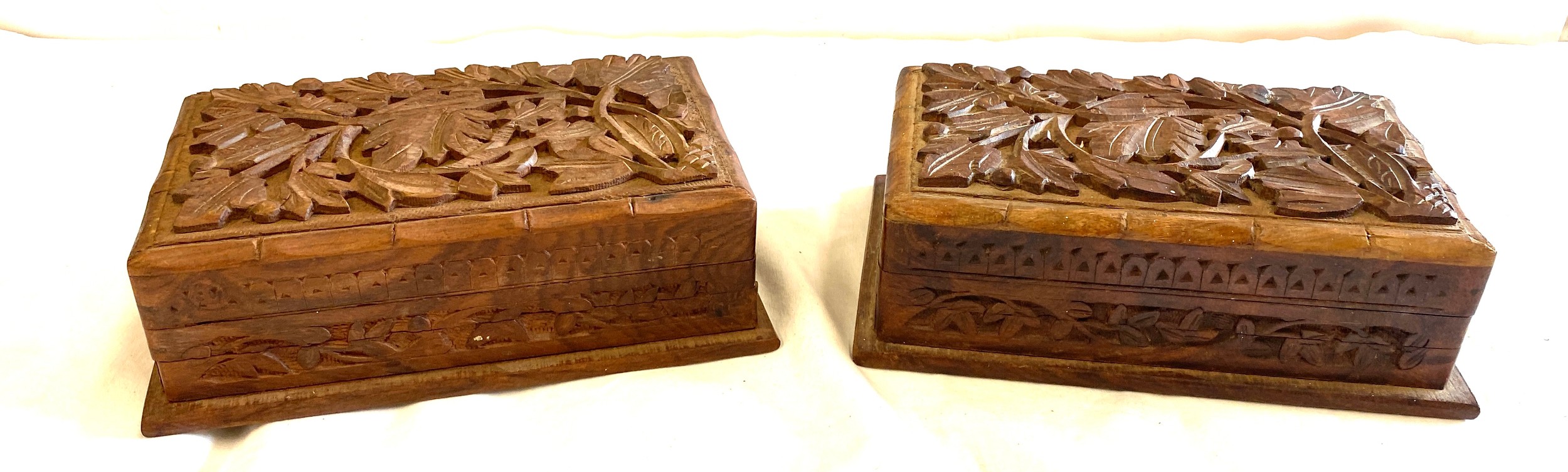 Pair of vintage wooden carved cigarette boxes, each measures approx 3 inches tall 8 inches wide