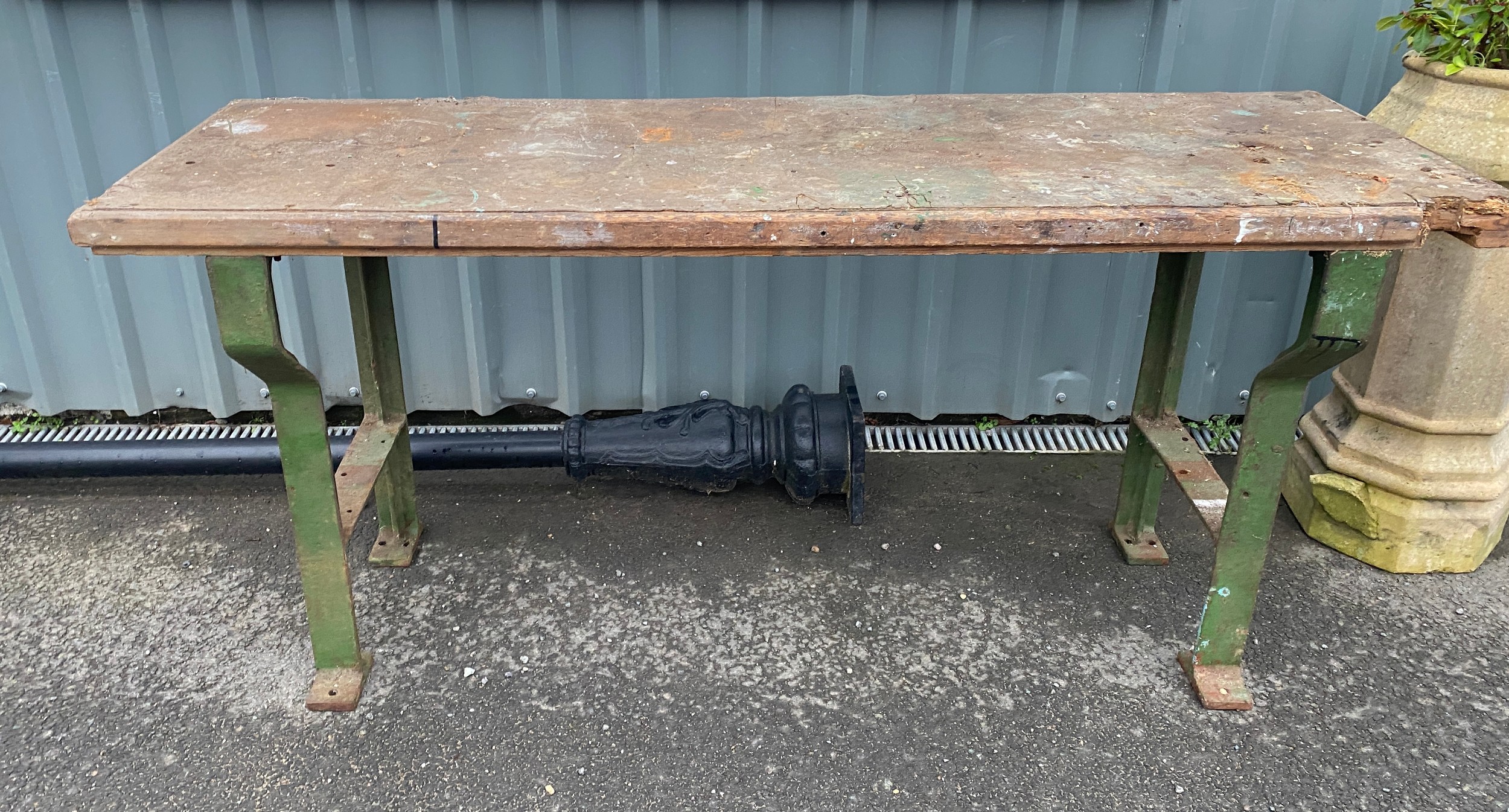 Industrial work bench, wooden top, metal ends, approximate measurements: Height 35 inches, Length 73