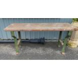 Industrial work bench, wooden top, metal ends, approximate measurements: Height 35 inches, Length 73