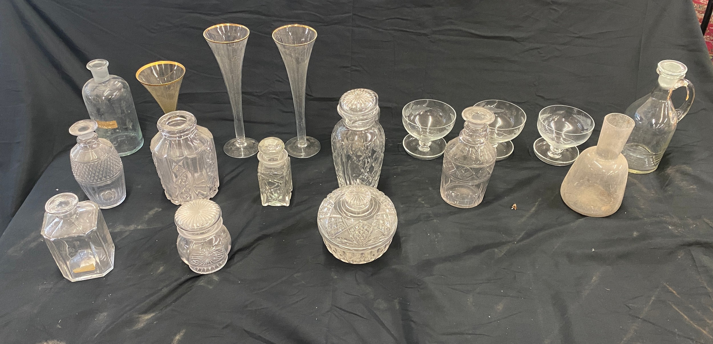 Selection of vintage glass bottles, drinking glasses etc