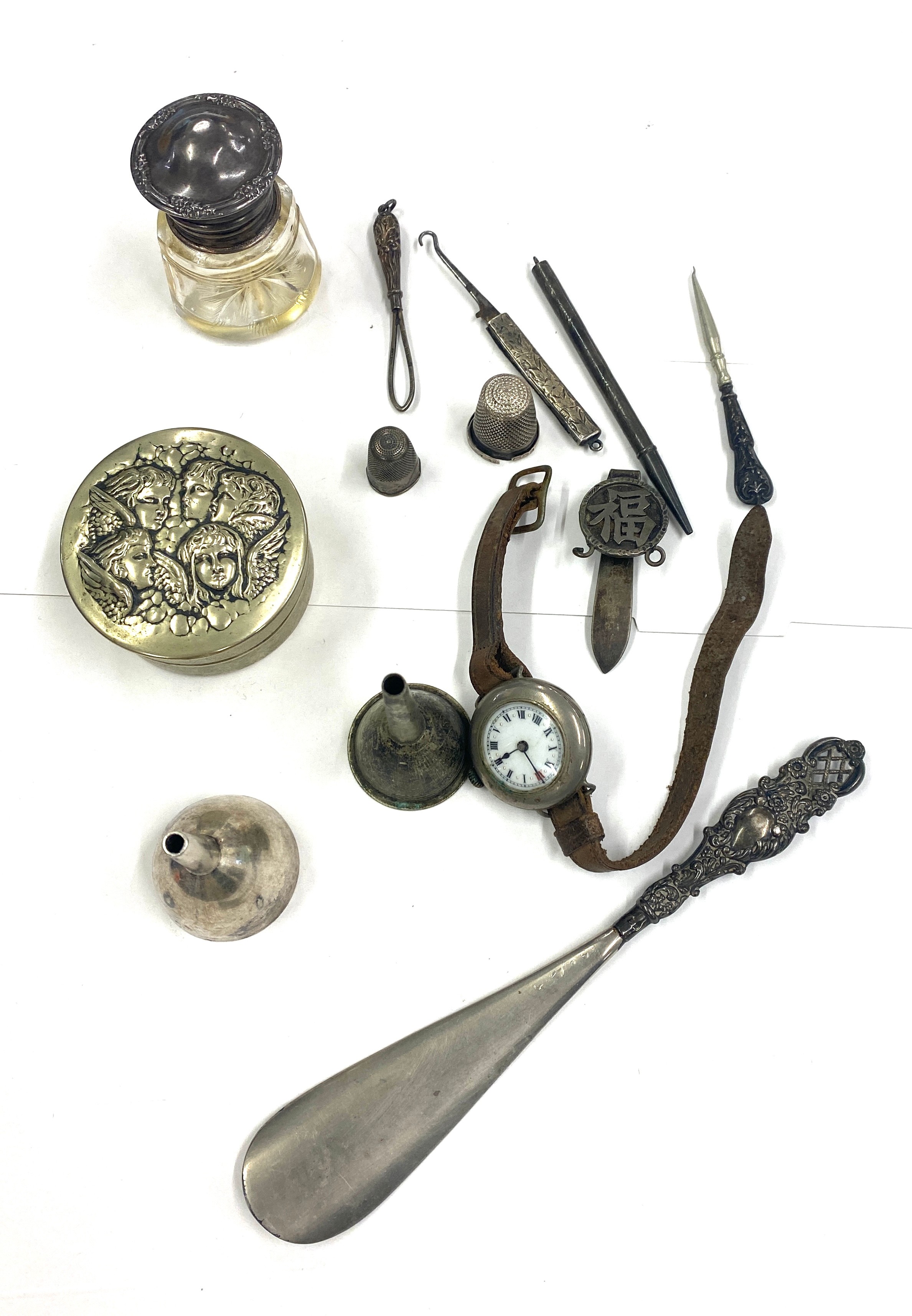 Silver thimbles, trench watch etc