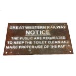 A Great western railway cast iron notice sign measures approx 12 inches by 7 inches