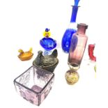 Selection of coloured glassware to include a vase, egg holder etc