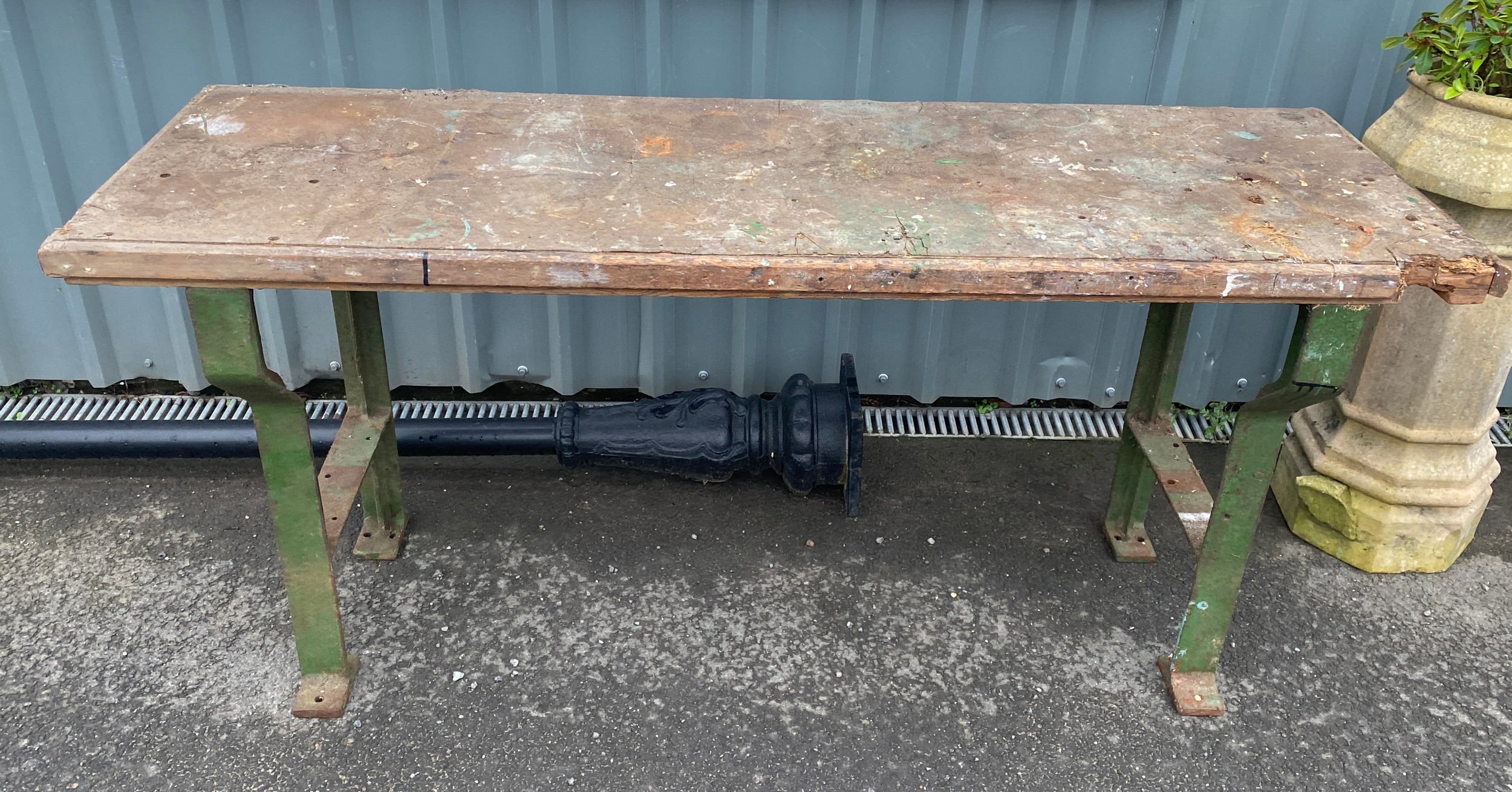 Industrial work bench, wooden top, metal ends, approximate measurements: Height 35 inches, Length 73 - Image 2 of 3