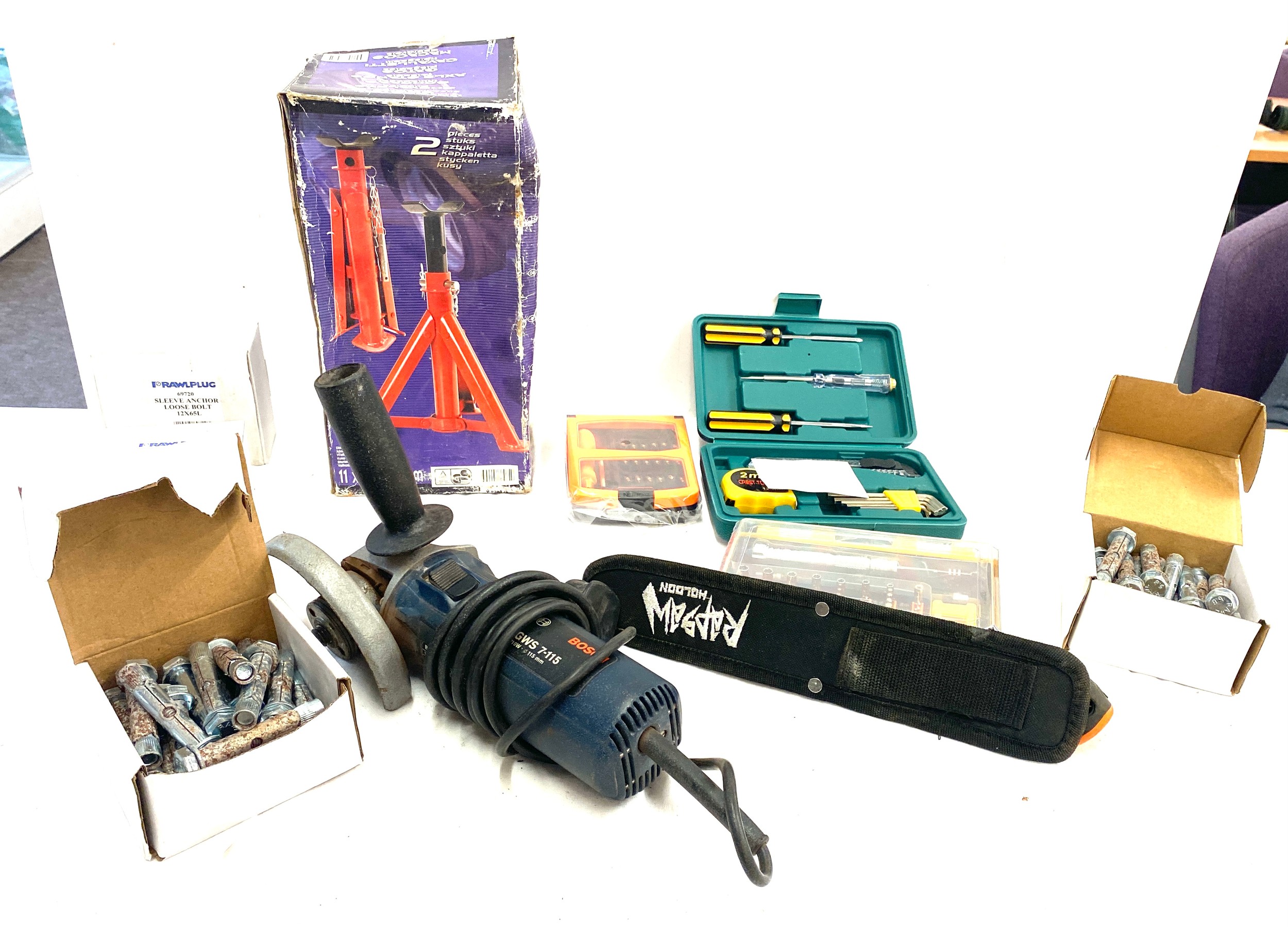 Selection of assorted tools includes Tools, screw driver set, Bosch circular saw etc